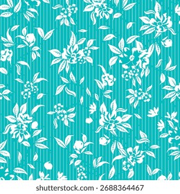 Patrón floral sin fisuras, adorno clásico de la flor, impresión sucia abstracta en motivo vintage. Elegante diseño botánico de hermosas flores silvestres Grandes, hojas, ramas Pequeñas, hierbas. Ilustración vectorial.

