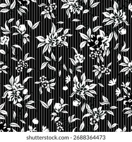 Patrón floral sin fisuras, adorno clásico de la flor, impresión sucia abstracta en motivo vintage. Elegante diseño botánico de hermosas flores silvestres Grandes, hojas, ramas Pequeñas, hierbas. Ilustración vectorial.

