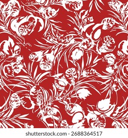 Nahtloses Blumenmuster, klassisches Blumenornament, abstrakter Schmuck im Vintage-Motiv. Elegantes botanisches Design von schönen großen Wildblumen, Blättern, kleinen Zweigen, Kräutern. Vektorgrafik.

