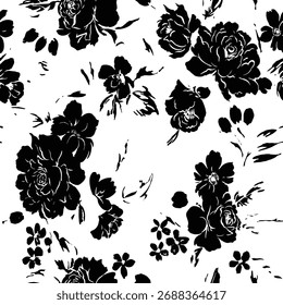 Patrón floral sin fisuras, adorno clásico de la flor, impresión sucia abstracta en motivo vintage. Elegante diseño botánico de hermosas flores silvestres Grandes, hojas, ramas Pequeñas, hierbas. Ilustración vectorial.

