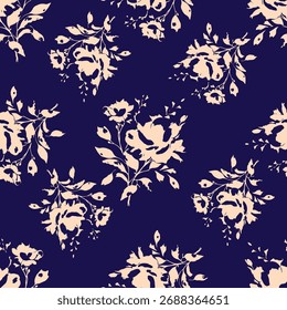 Nahtloses Blumenmuster, klassisches Blumenornament, abstrakter Schmuck im Vintage-Motiv. Elegantes botanisches Design von schönen großen Wildblumen, Blättern, kleinen Zweigen, Kräutern. Vektorgrafik.

