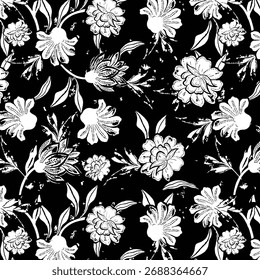 Seamless floral pattern, classic flower ornament, abstract ditsy print in vintage motif. Elegant botanical design of beautiful large wild flowers, leaves, small branches, herbs. Vector illustration.

