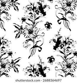 Nahtloses Blumenmuster, klassisches Blumenornament, abstrakter Schmuck im Vintage-Motiv. Elegantes botanisches Design von schönen großen Wildblumen, Blättern, kleinen Zweigen, Kräutern. Vektorgrafik.

