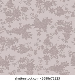 Patrón floral sin fisuras, adorno clásico de la flor, impresión sucia abstracta en motivo vintage. Elegante diseño botánico de hermosas flores silvestres Grandes, hojas, ramas Pequeñas, hierbas. Ilustración vectorial.
