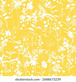 Seamless floral pattern, classic flower ornament, abstract ditsy print in vintage motif. Elegant botanical design of beautiful large wild flowers, leaves, small branches, herbs. Vector illustration.
