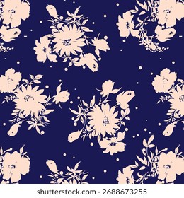Padrão floral sem emenda, ornamento de flor clássico, impressão disy abstrato no motivo vintage. Design botânico elegante de belas grandes flores selvagens, folhas, pequenos ramos, ervas. Ilustração vetorial.
