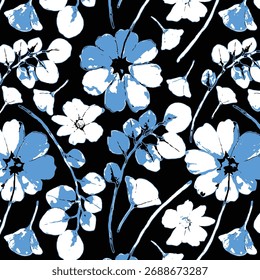Seamless floral pattern, classic flower ornament, abstract ditsy print in vintage motif. Elegant botanical design of beautiful large wild flowers, leaves, small branches, herbs. Vector illustration.
