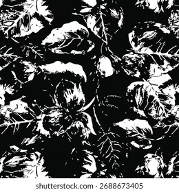 Patrón floral sin fisuras, adorno clásico de la flor, impresión sucia abstracta en motivo vintage. Elegante diseño botánico de hermosas flores silvestres Grandes, hojas, ramas Pequeñas, hierbas. Ilustración vectorial.
