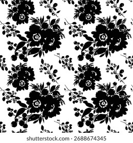 Seamless floral pattern, classic flower ornament, abstract ditsy print in vintage motif. Elegant botanical design of beautiful large wild flowers, leaves, small branches, herbs. Vector illustration.
