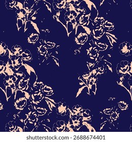 Seamless floral pattern, classic flower ornament, abstract ditsy print in vintage motif. Elegant botanical design of beautiful large wild flowers, leaves, small branches, herbs. Vector illustration.