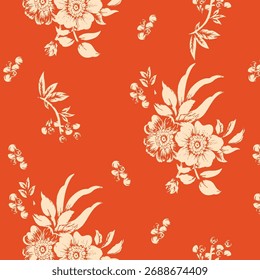 Seamless floral pattern, classic flower ornament, abstract ditsy print in vintage motif. Elegant botanical design of beautiful large wild flowers, leaves, small branches, herbs. Vector illustration.