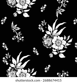 Seamless floral pattern, classic flower ornament, abstract ditsy print in vintage motif. Elegant botanical design of beautiful large wild flowers, leaves, small branches, herbs. Vector illustration.