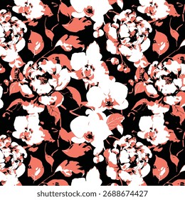 Patrón floral sin fisuras, adorno clásico de la flor, impresión sucia abstracta en motivo vintage. Elegante diseño botánico de hermosas flores silvestres Grandes, hojas, ramas Pequeñas, hierbas. Ilustración vectorial.