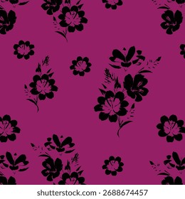 Padrão floral sem emenda, ornamento de flor clássico, impressão disy abstrato no motivo vintage. Design botânico elegante de belas grandes flores selvagens, folhas, pequenos ramos, ervas. Ilustração vetorial.