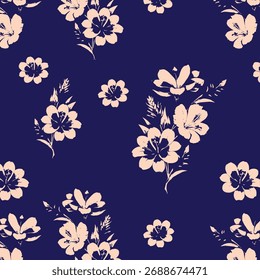 Seamless floral pattern, classic flower ornament, abstract ditsy print in vintage motif. Elegant botanical design of beautiful large wild flowers, leaves, small branches, herbs. Vector illustration.
