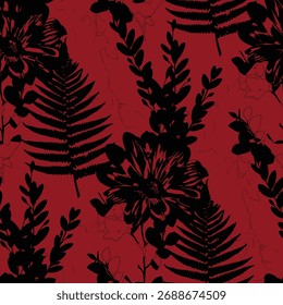Padrão floral sem emenda, ornamento de flor clássico, impressão disy abstrato no motivo vintage. Design botânico elegante de belas grandes flores selvagens, folhas, pequenos ramos, ervas. Ilustração vetorial.