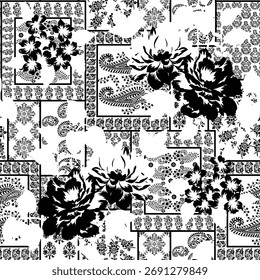Seamless floral pattern, classic flower ornament, abstract ditsy print in vintage motif. Elegant botanical design of beautiful large wild flowers, leaves, small branches, herbs. Vector illustration.


