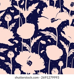 Nahtloses Blumenmuster, klassisches Blumenornament, abstrakter Schmuck im Vintage-Motiv. Elegantes botanisches Design von schönen großen Wildblumen, Blättern, kleinen Zweigen, Kräutern. Vektorgrafik.

