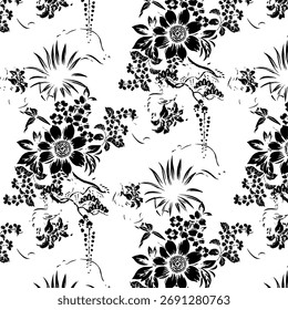 Seamless floral pattern, classic flower ornament, abstract ditsy print in vintage motif. Elegant botanical design of beautiful large wild flowers, leaves, small branches, herbs. Vector illustration.
