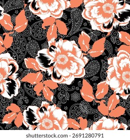 Seamless floral pattern, classic flower ornament, abstract ditsy print in vintage motif. Elegant botanical design of beautiful large wild flowers, leaves, small branches, herbs. Vector illustration.
