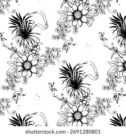 Seamless floral pattern, classic flower ornament, abstract ditsy print in vintage motif. Elegant botanical design of beautiful large wild flowers, leaves, small branches, herbs. Vector illustration.
