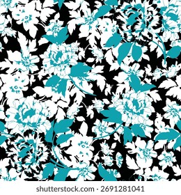 Patrón floral sin fisuras, adorno clásico de la flor, impresión sucia abstracta en motivo vintage. Elegante diseño botánico de hermosas flores silvestres Grandes, hojas, ramas Pequeñas, hierbas. Ilustración vectorial.
