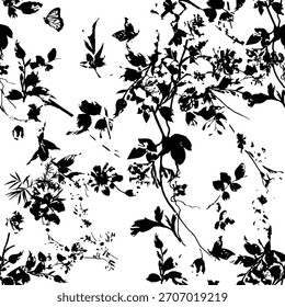 Seamless floral pattern, classic flower ornament, abstract ditsy print in vintage motif. Elegant botanical design of beautiful large wild flowers, leaves, small branches, herbs. Vector illustration.