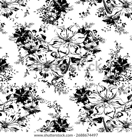 Seamless floral pattern, classic flower ornament, abstract ditsy print in vintage motif. Elegant botanical design of beautiful large wild flowers, leaves, small branches, herbs. Vector illustration.