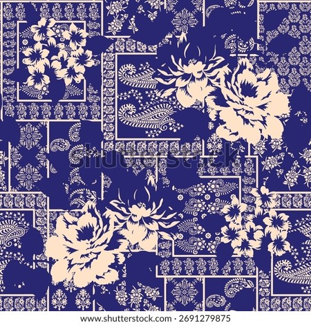 Seamless floral pattern, classic flower ornament, abstract ditsy print in vintage motif. Elegant botanical design of beautiful large wild flowers, leaves, small branches, herbs. Vector illustration.

