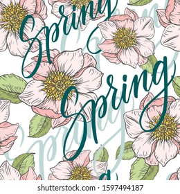 Seamless floral pattern with clematis and lettering on white background. Vector illustration. 