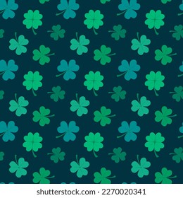 Seamless floral pattern. Clover green leaves isolated on dark background. Symbol of St. Patrick's Day. Vector Illustration in flat style. Design for fabric, wrapping paper, background, wallpaper.