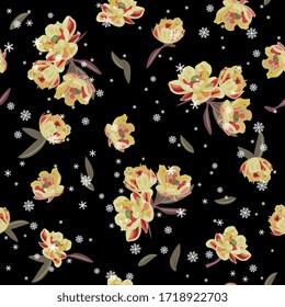 Seamless floral pattern with clusters of barberry blossom and snowflakes.