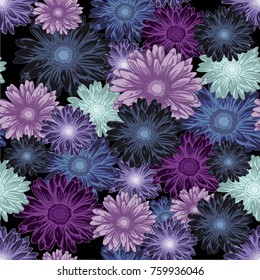 Seamless floral pattern with colored daisy flowers on black background
