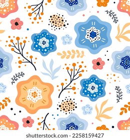 seamless floral pattern with colored flowers and leaves on white background, flat style, cartoon vector illustration, repeating texture design