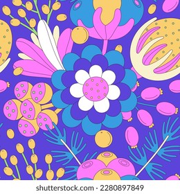 Patrón floral de flores coloridas abstractas con trazo negro. Estilo plano. Diseño de superficie para tela, papel de pared, papel de envoltura, cubiertas. Azul, rosa, amarillo, violeta. Ilustración del vector