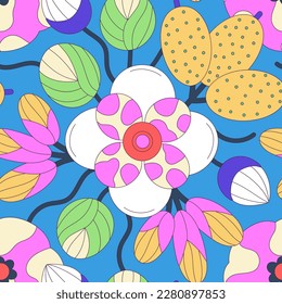 Seamless floral pattern of colorful abstract flowers with black stroke. Flat style. Surface design for fabric, wallpaper, wrapping paper, covers. Pink, white, blue, yellow colors. Vector illustration