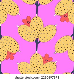 Seamless floral pattern of colorful abstract flowers with black stroke. Flat style. Surface design for fabric, wallpaper, wrapping paper, covers. Red, yellow and pink colors. Vector illustration