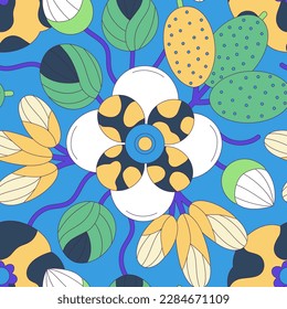 Seamless floral pattern of colorful abstract flowers with black stroke. Flat style. Surface design for fabric, wallpaper, wrapping paper, covers. Blue, white, yellow, green colors. Vector illustration