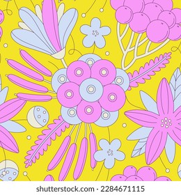 Seamless floral pattern of colorful abstract flowers with black stroke. Flat style. Surface design for fabric, wallpaper, wrapping paper, covers. Pink and yellow colors. Vector illustration