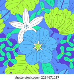 Seamless floral pattern of colorful abstract flowers with black stroke. Flat style. Surface design for fabric, wallpaper, wrapping paper, covers. Blue and acid green colors. Vector illustration