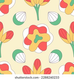 Seamless floral pattern of colorful abstract flowers with black stroke. Flat style. Surface design for fabric, wallpaper, wrapping paper, covers. White, yellow, green, red colors. Vector illustration