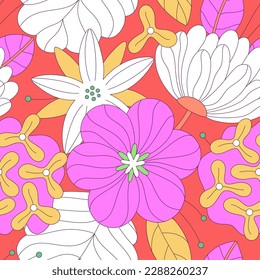 Seamless floral pattern of colorful abstract flowers with black stroke. Flat style. Surface design for fabric, wallpaper, wrapping paper, covers. Pink, red, white, yellow colors. Vector illustration