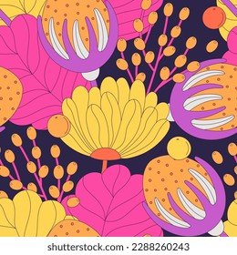 Seamless floral pattern of colorful abstract flowers with black stroke. Flat style. Surface design for fabric, wallpaper, wrapping paper, covers. Yellow, fuchsia, orange colors. Vector illustration