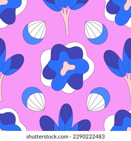 Seamless floral pattern of colorful abstract flowers with black stroke. Flat style. Surface design for fabric, wallpaper, wrapping paper, covers. White, blue and pink colors. Vector illustration