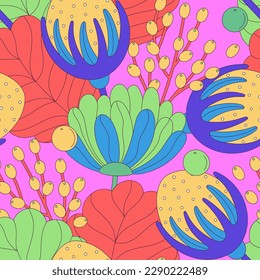 Nahtlose Blumenmuster von bunten abstrakten Blumen mit schwarzem Schlaganfall. Flacher Stil. Oberflächendesign für Gewebe, Tapeten, Wickelpapier, Deckel. Rot, Gelb, Blau und Rosa. Vektorgrafik