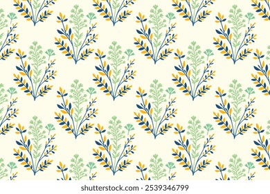 Patrón floral sin fisuras con flores botánicas abstractas coloridas y hojas verdes detalladas ideales para la impresión digital de telas de moda y proyectos de diseño con estilo