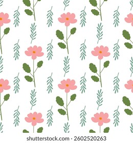 Seamless floral pattern. Colorful background in trendy minimalist style with herbal elements and gentle flowers.