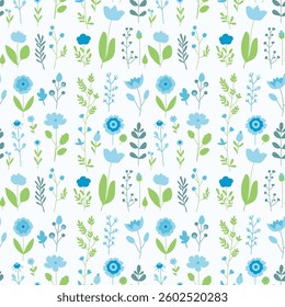 Seamless floral pattern. Colorful background in trendy minimalist style with herbal elements and gentle flowers.