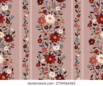 Seamless floral pattern with colorful blooming flowers on dark background, perfect for fabric, wallpaper, wrapping paper, and digital design projects.