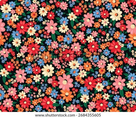 Seamless floral pattern with colorful blooming flowers on dark background, perfect for fabric, wallpaper, wrapping paper, and digital design projects.